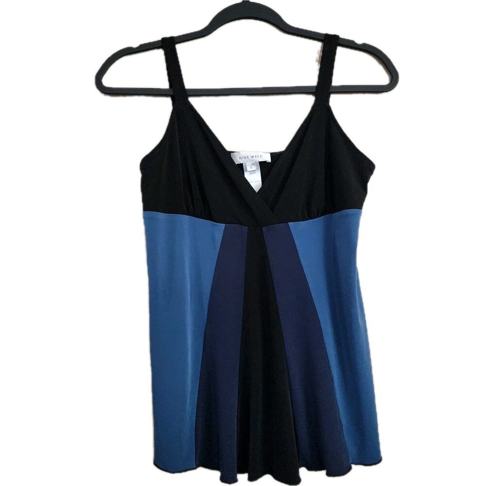 Nine West Womens Pullover Sleeveless Top Size S Blue Surplice Empire Stretch